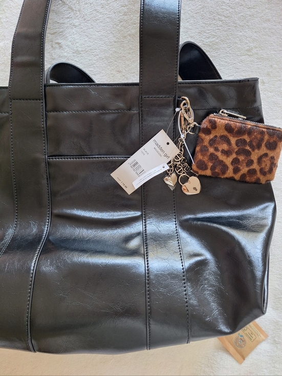 NWT Madden Girl Black Crinkle Tote Set + Leopard Pouch & Heart Charms
